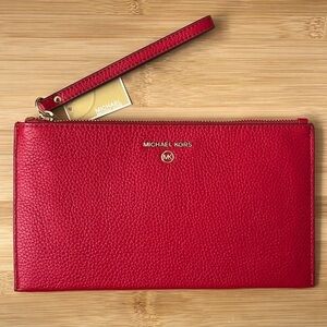 Brand New Michael Kors Genuine Leather Red Flame Large Zippered Clutch Wristlet